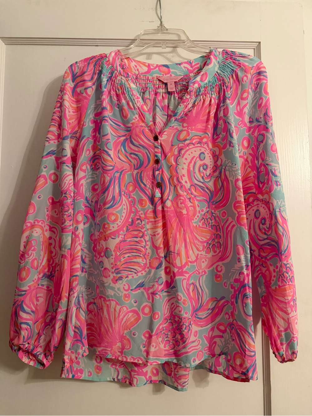 Lilly Pulitzer Bubblegum Pink & Aqua Paisley Peasant Blouse